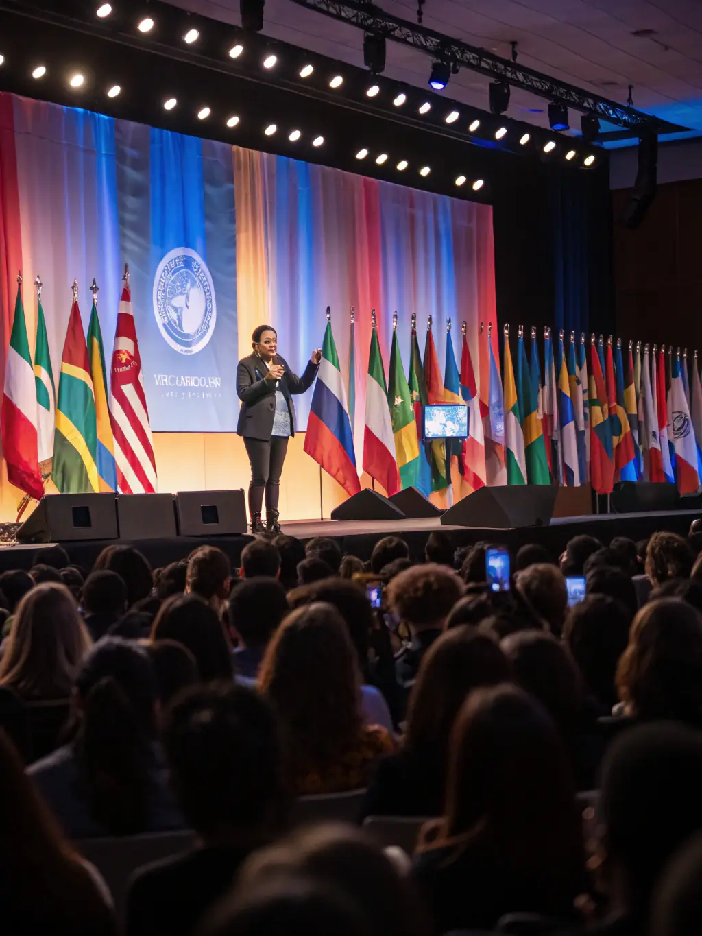 A photograph capturing a keynote speaker passionately addressing a large audience at the Startup Summit UK, emphasizing their engagement and the event's dynamic atmosphere.
