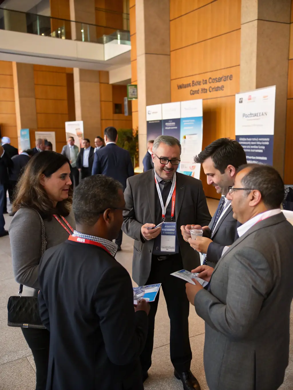 A dynamic image of a networking session at the conference, showing attendees actively engaging in conversations and exchanging business cards.