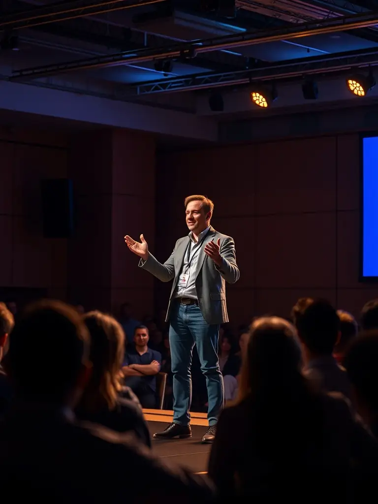 A photograph capturing the energy of the keynote speech at the Annual Startup Conference, with the speaker passionately addressing a large audience.